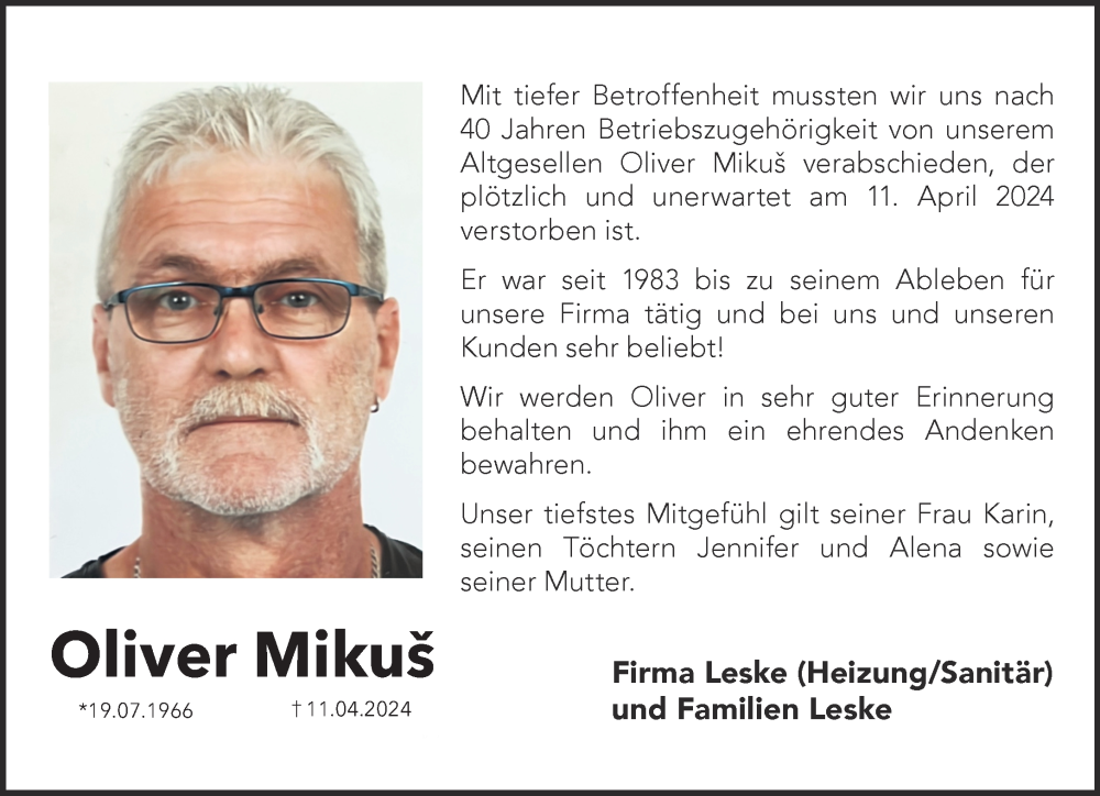  Traueranzeige für Oliver Mikus vom 11.05.2024 aus Gelnhäuser Neue Zeitung