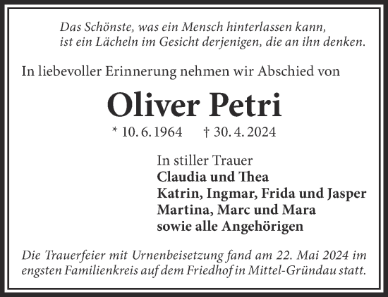 Traueranzeige von Oliver Petri von Gelnhäuser Neue Zeitung