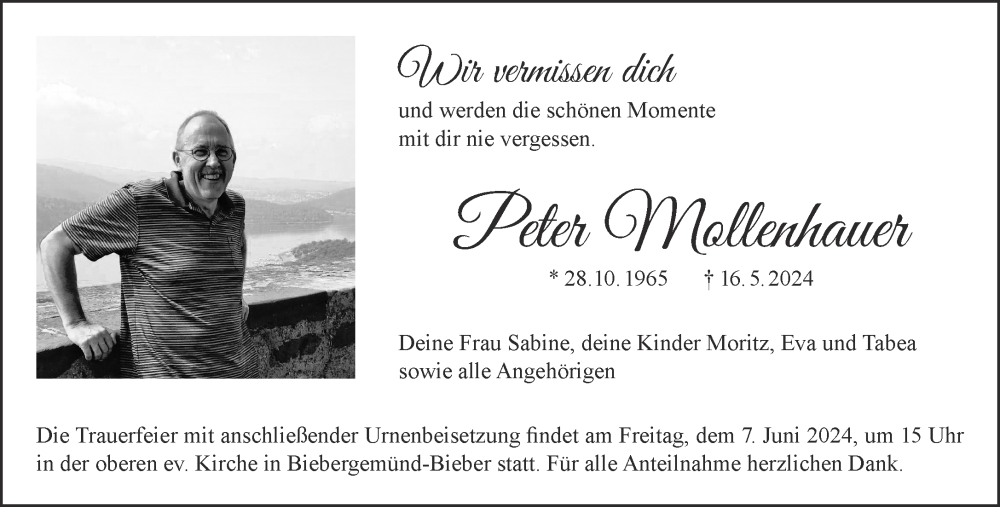  Traueranzeige für Peter Mollenhauer vom 25.05.2024 aus Gelnhäuser Neue Zeitung