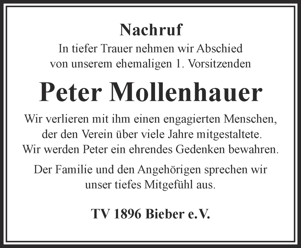  Traueranzeige für Peter Mollenhauer vom 25.05.2024 aus Gelnhäuser Neue Zeitung