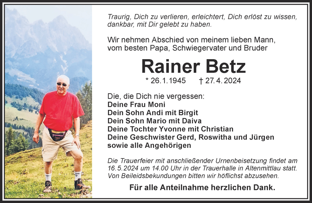  Traueranzeige für Rainer Betz vom 11.05.2024 aus Gelnhäuser Neue Zeitung