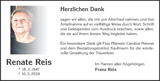Traueranzeige von Renate Reis von Gelnhäuser Neue Zeitung