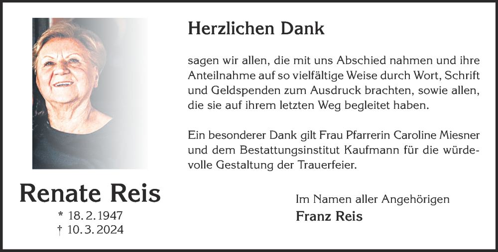  Traueranzeige für Renate Reis vom 04.05.2024 aus Gelnhäuser Neue Zeitung