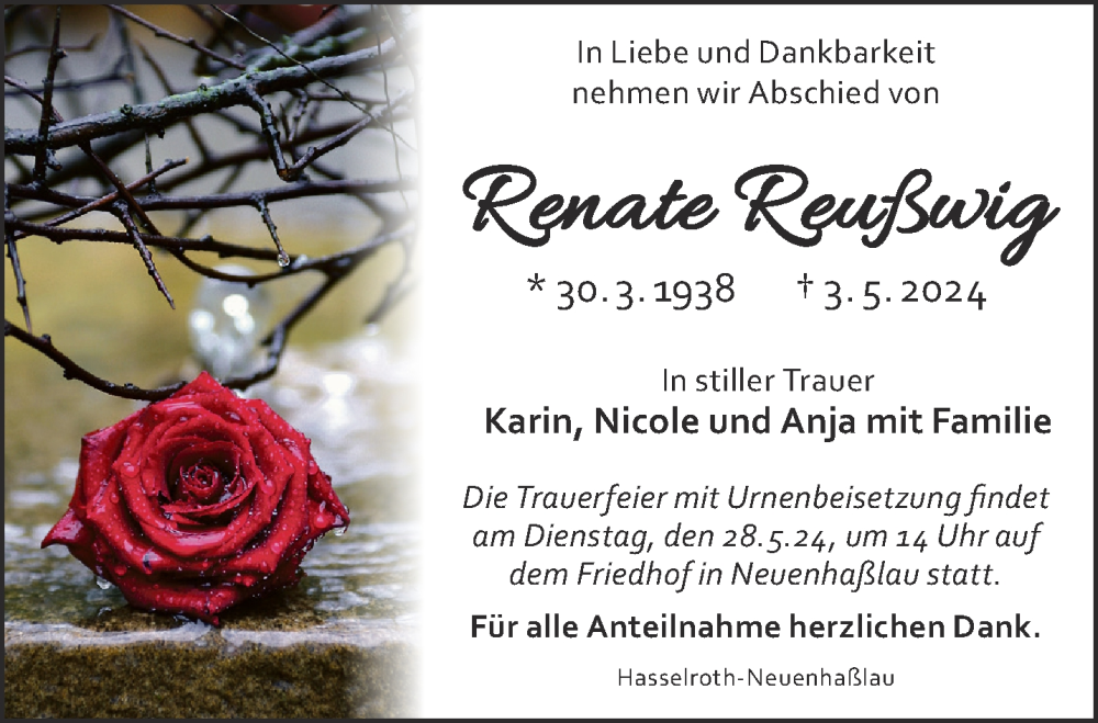  Traueranzeige für Renate Reußwig vom 18.05.2024 aus Gelnhäuser Neue Zeitung