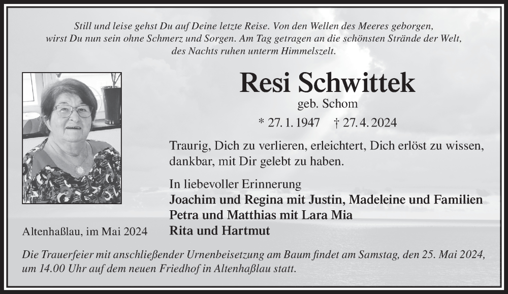  Traueranzeige für Resi Schwittek vom 11.05.2024 aus Gelnhäuser Neue Zeitung