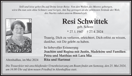 Traueranzeige von Resi Schwittek von Gelnhäuser Neue Zeitung