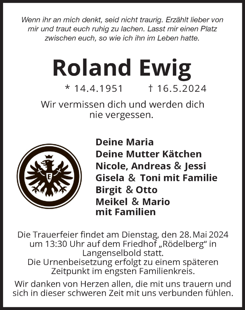  Traueranzeige für Roland Ewig vom 25.05.2024 aus Gelnhäuser Neue Zeitung