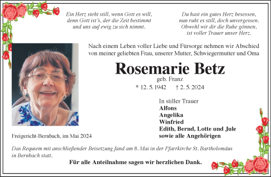 Traueranzeige von Rosemarie Betz von Mittelhessen-Bote