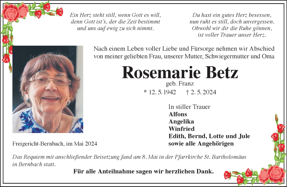  Traueranzeige für Rosemarie Betz vom 11.05.2024 aus Mittelhessen-Bote