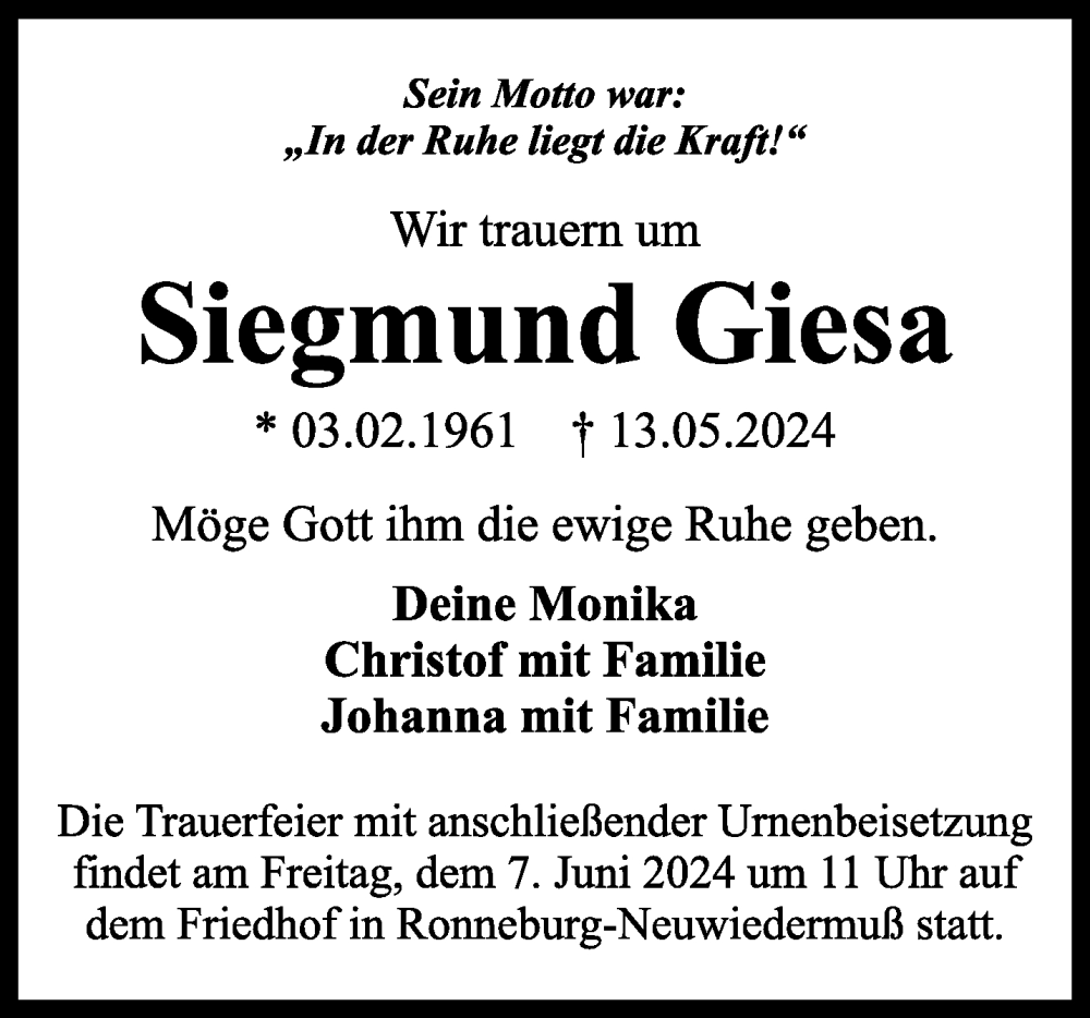  Traueranzeige für Siegmund Giesa vom 01.06.2024 aus Gelnhäuser Neue Zeitung