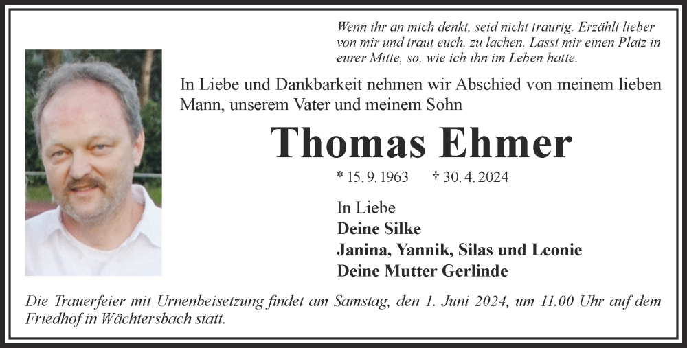  Traueranzeige für Thomas Ehmer vom 25.05.2024 aus Mittelhessen-Bote