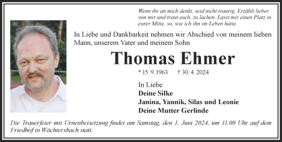 Traueranzeige von Thomas Ehmer von Mittelhessen-Bote
