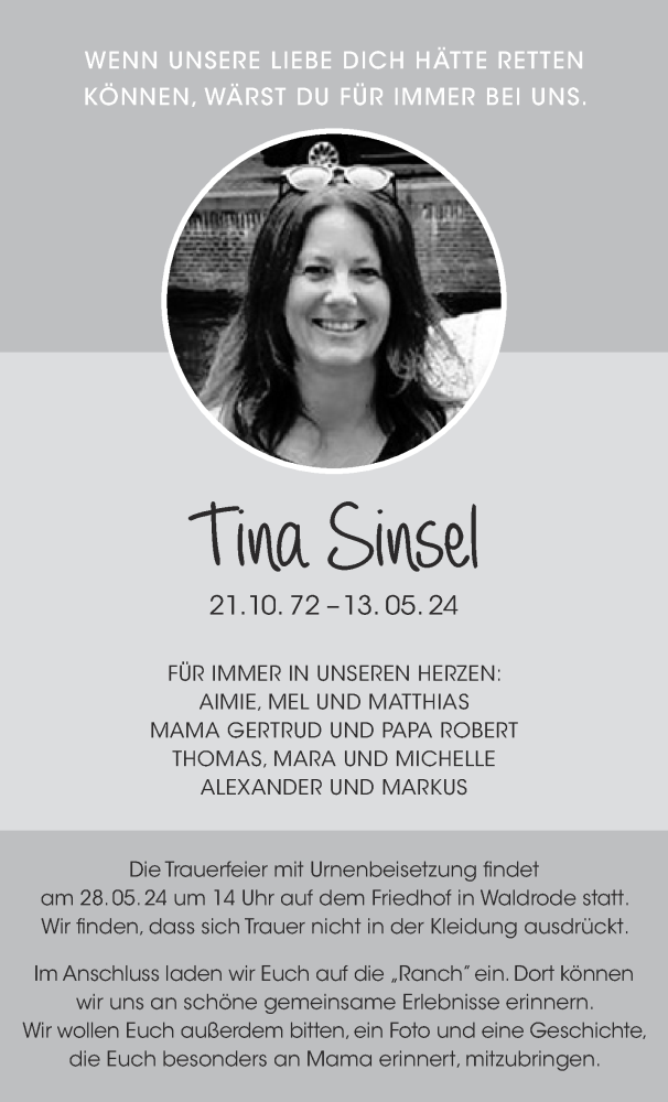  Traueranzeige für Tina Sinsel vom 25.05.2024 aus Gelnhäuser Neue Zeitung