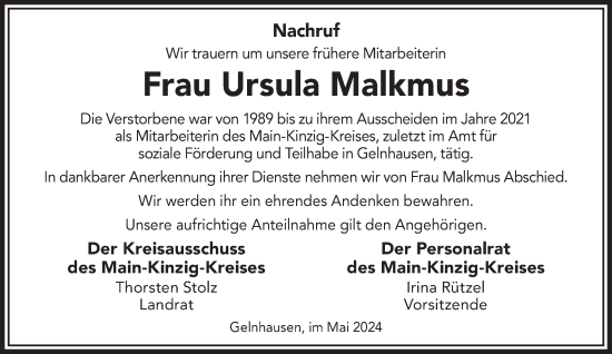 Traueranzeige von Ursula Malkmus von Mittelhessen-Bote