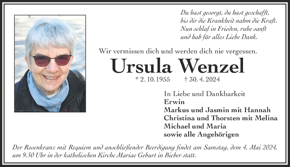  Traueranzeige für Ursula Wenzel vom 04.05.2024 aus Mittelhessen-Bote