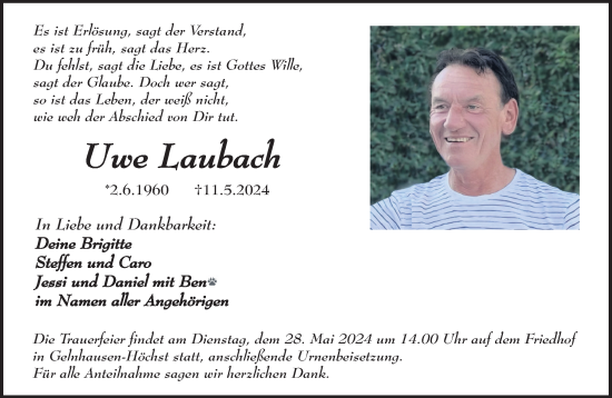 Traueranzeige von Uwe Laubach von Gelnhäuser Neue Zeitung
