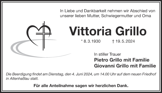 Traueranzeige von Vittoria Grillo von Gelnhäuser Neue Zeitung
