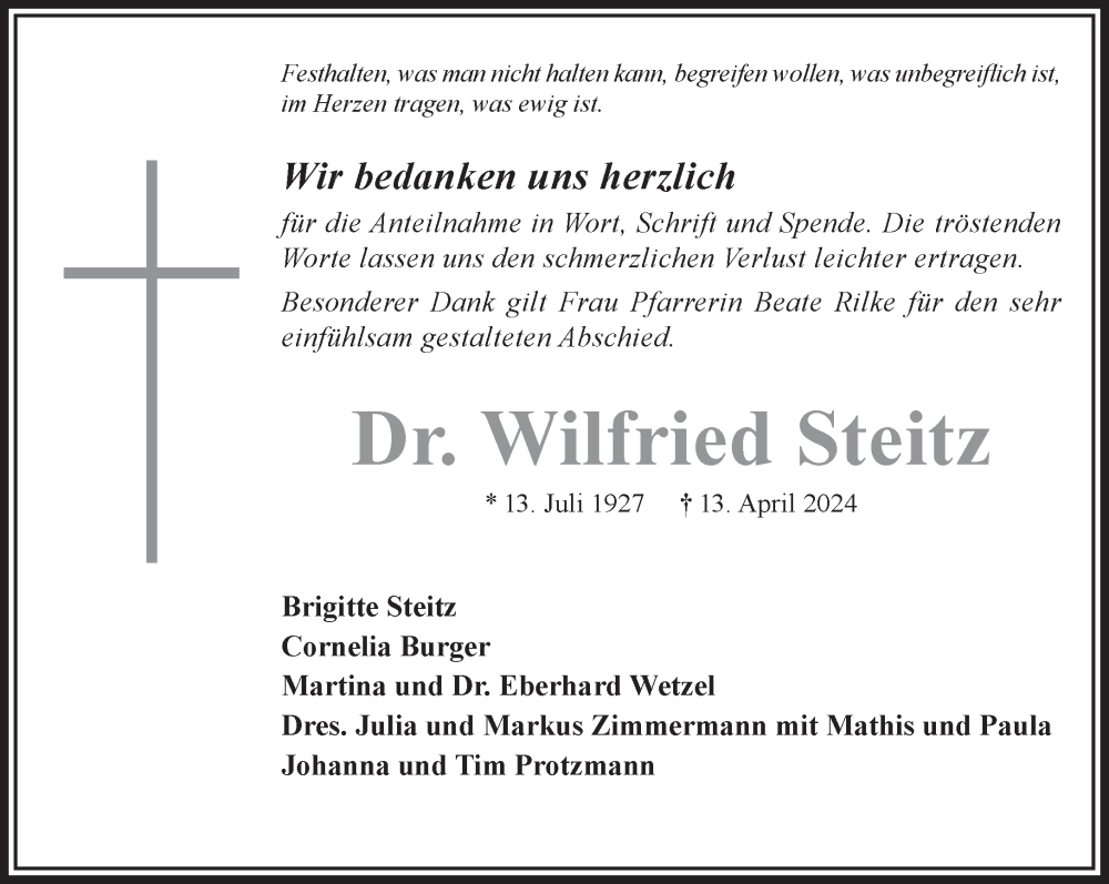  Traueranzeige für Wilfried Steitz vom 04.05.2024 aus Mittelhessen-Bote