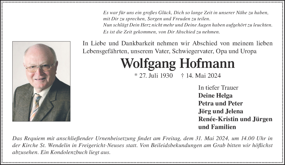  Traueranzeige für Wolfgang Hofmann vom 25.05.2024 aus Gelnhäuser Neue Zeitung