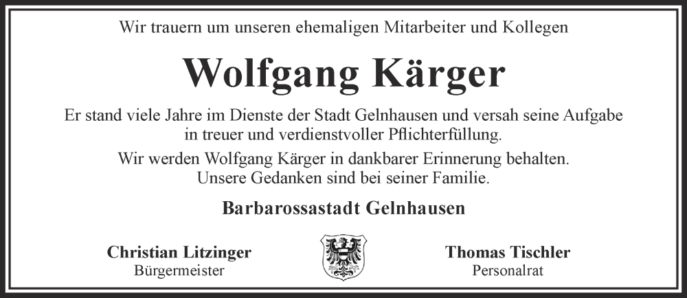  Traueranzeige für Wolfgang Kärger vom 25.05.2024 aus Gelnhäuser Neue Zeitung
