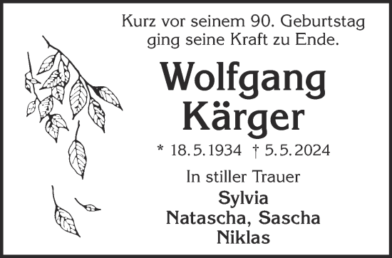 Traueranzeige von Wolfgang Kärger von Gelnhäuser Neue Zeitung