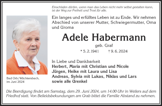 Traueranzeige von Adele Habermann von Gelnhäuser Neue Zeitung