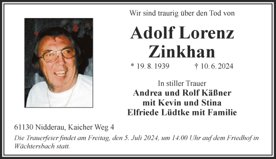 Traueranzeige von Adolf Zinkhan von Gelnhäuser Neue Zeitung