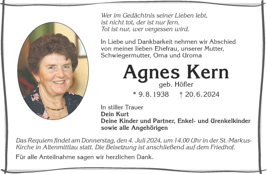 Traueranzeige von Agnes Kern von Gelnhäuser Neue Zeitung