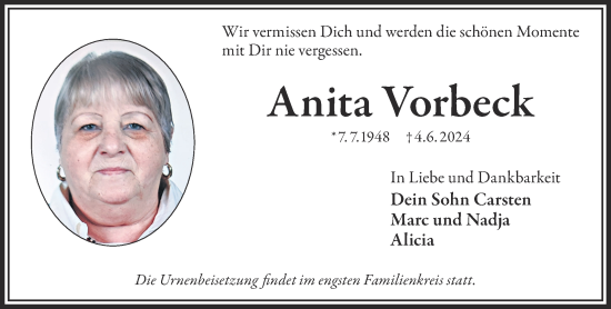 Traueranzeige von Anita Vorbeck von Gelnhäuser Neue Zeitung