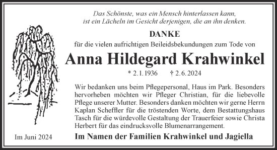 Traueranzeige von Anna Hildegard Krahwinkel von Gelnhäuser Neue Zeitung