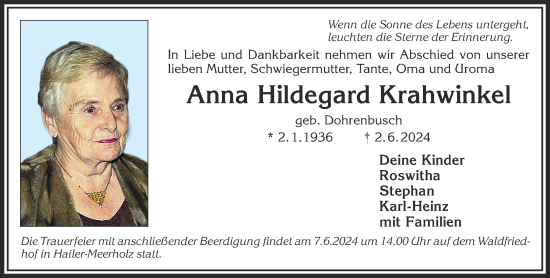 Traueranzeige von Anna Hildegard Krahwinkel von Gelnhäuser Neue Zeitung
