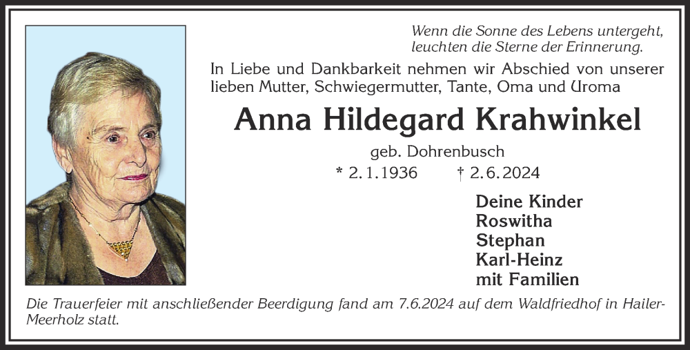  Traueranzeige für Anna Hildegard Krahwinkel vom 08.06.2024 aus Mittelhessen-Bote