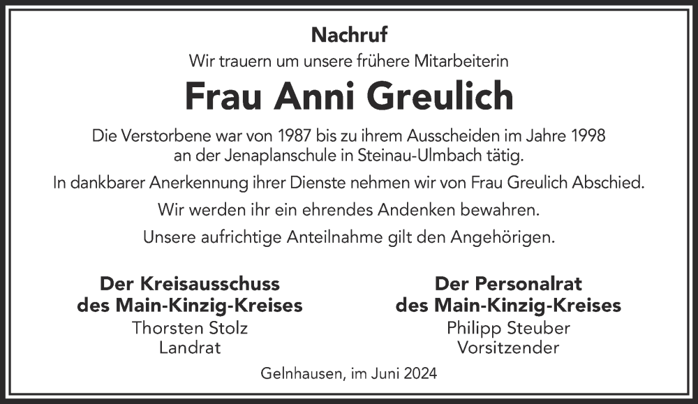  Traueranzeige für Anni Greulich vom 22.06.2024 aus Mittelhessen-Bote