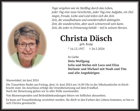 Traueranzeige von Christa Däsch von Gelnhäuser Neue Zeitung