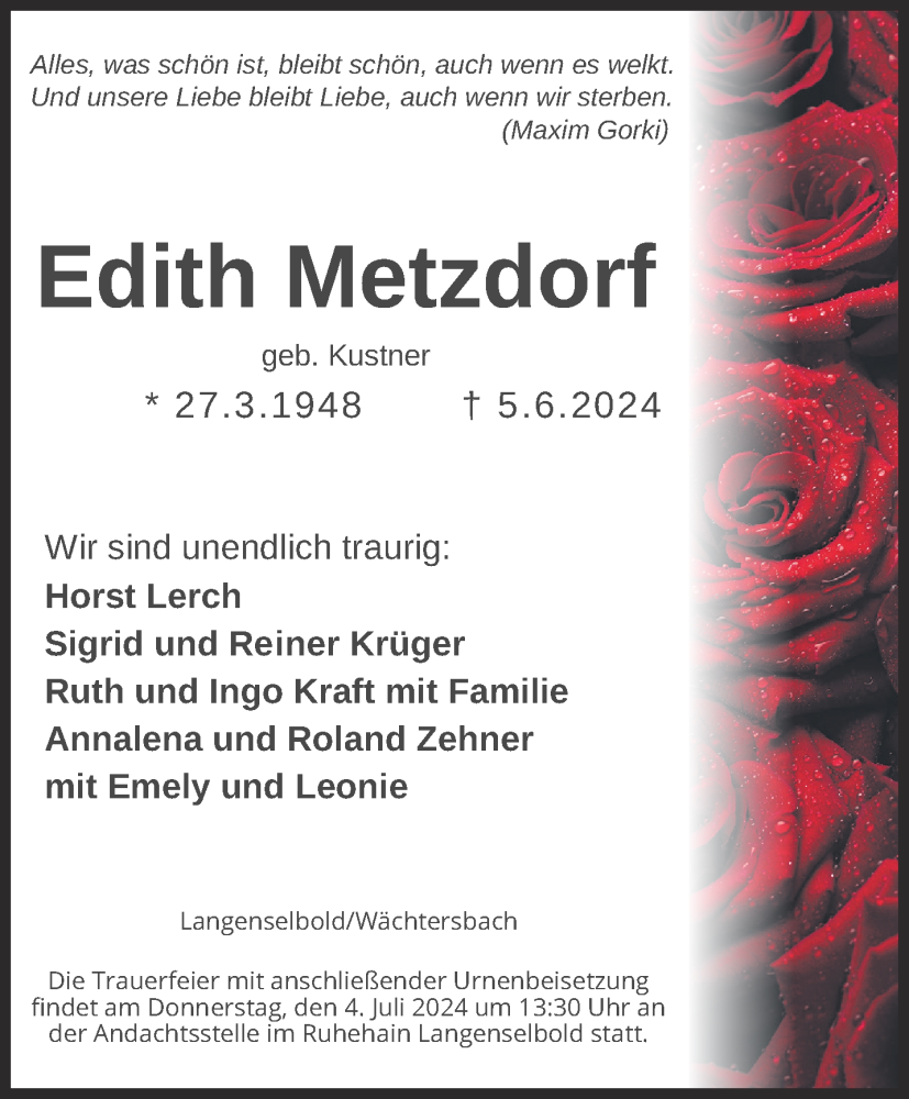  Traueranzeige für Edith Metzdorf vom 22.06.2024 aus Gelnhäuser Neue Zeitung