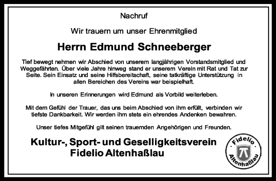 Traueranzeige von Edmund Schneeberger von Gelnhäuser Neue Zeitung