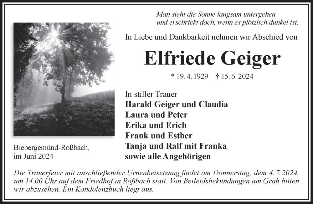  Traueranzeige für Elfriede Geiger vom 22.06.2024 aus Gelnhäuser Neue Zeitung