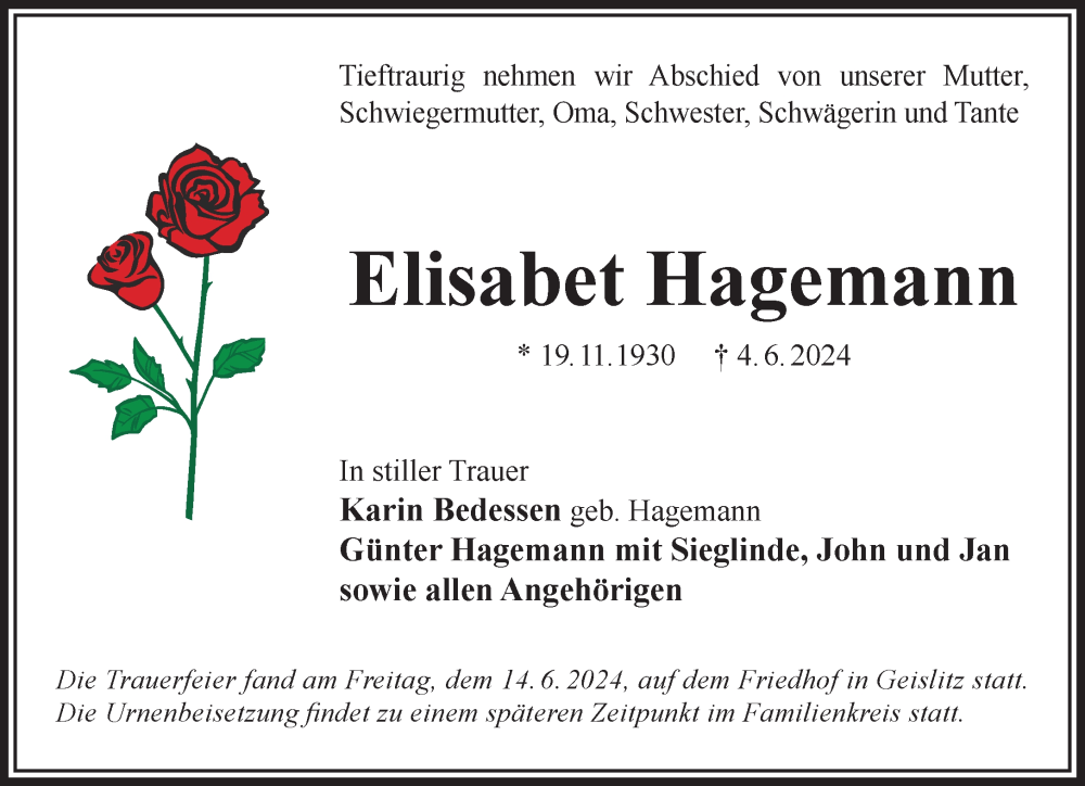  Traueranzeige für Elisabet Hagemann vom 15.06.2024 aus Mittelhessen-Bote