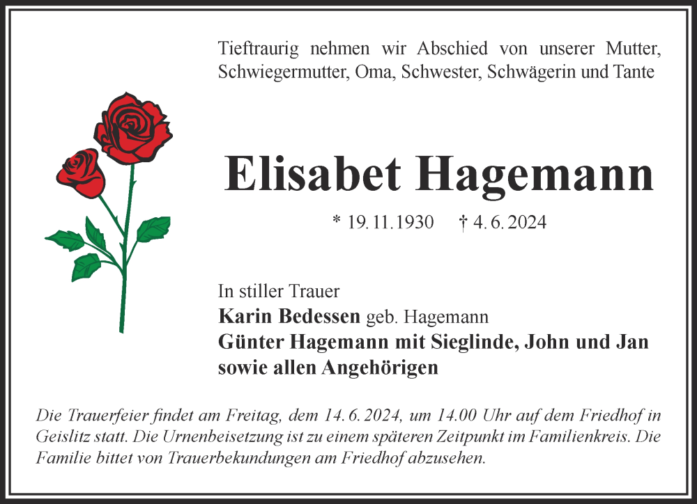  Traueranzeige für Elisabet Hagemann vom 11.06.2024 aus Gelnhäuser Neue Zeitung