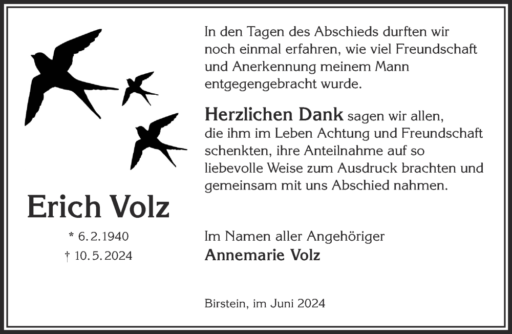  Traueranzeige für Erich Volz vom 22.06.2024 aus Gelnhäuser Neue Zeitung