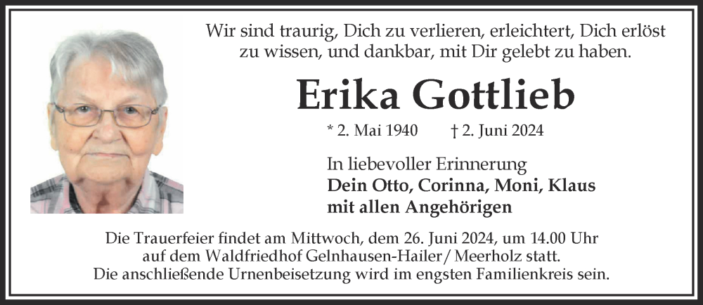  Traueranzeige für Erika Gottlieb vom 22.06.2024 aus Gelnhäuser Neue Zeitung