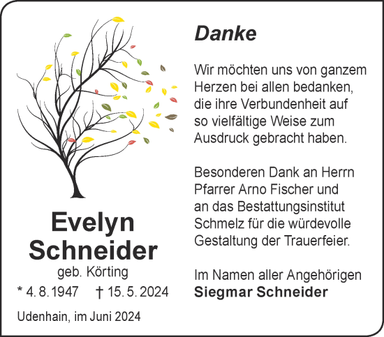 Traueranzeige von Evelyn Schneider von Gelnhäuser Neue Zeitung