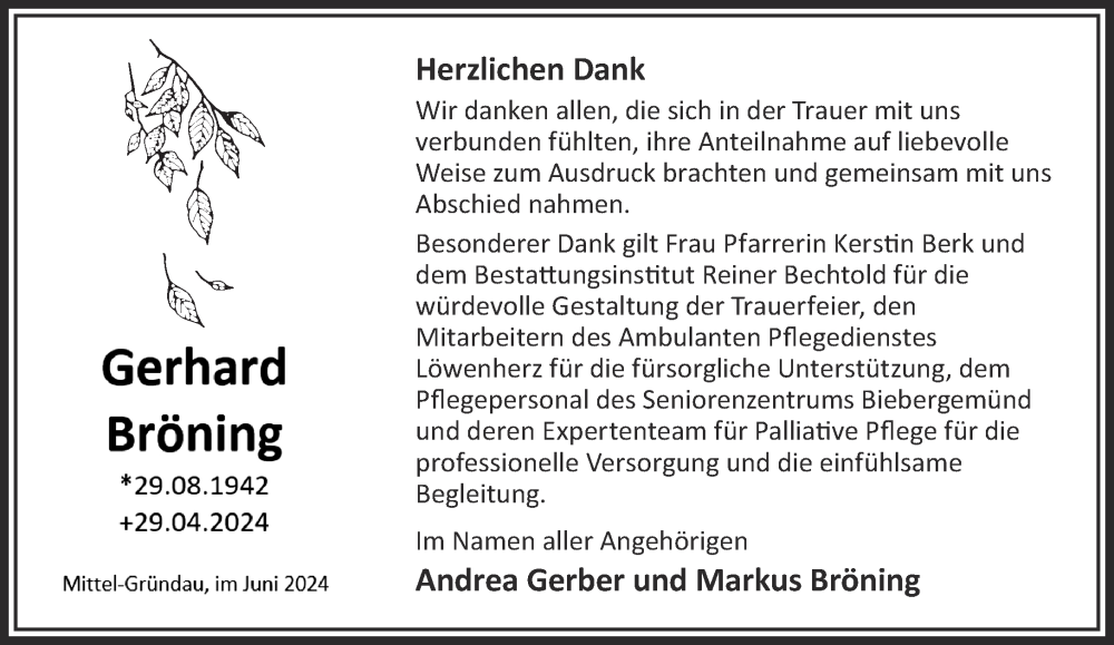  Traueranzeige für Gerhard Bröning vom 22.06.2024 aus Gelnhäuser Neue Zeitung