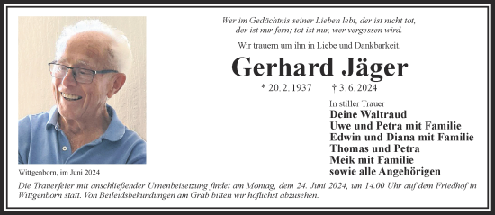Traueranzeige von Gerhard Jäger von Gelnhäuser Neue Zeitung