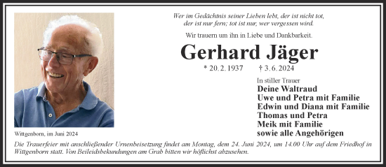 Traueranzeige von Gerhard Jäger von Mittelhessen-Bote