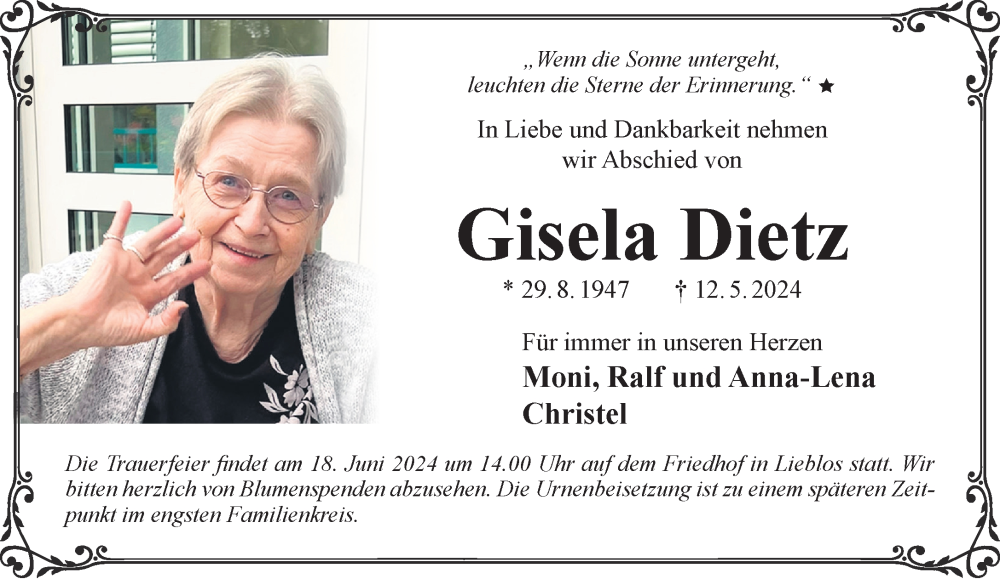  Traueranzeige für Gisela Dietz vom 15.06.2024 aus Mittelhessen-Bote