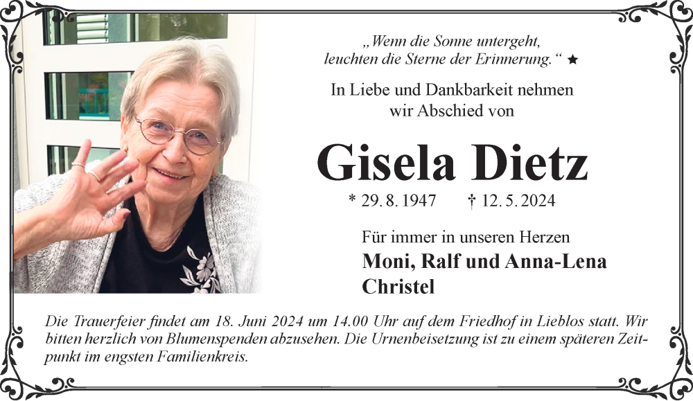 Traueranzeige für Gisela Dietz vom 08.06.2024 aus Gelnhäuser Neue Zeitung