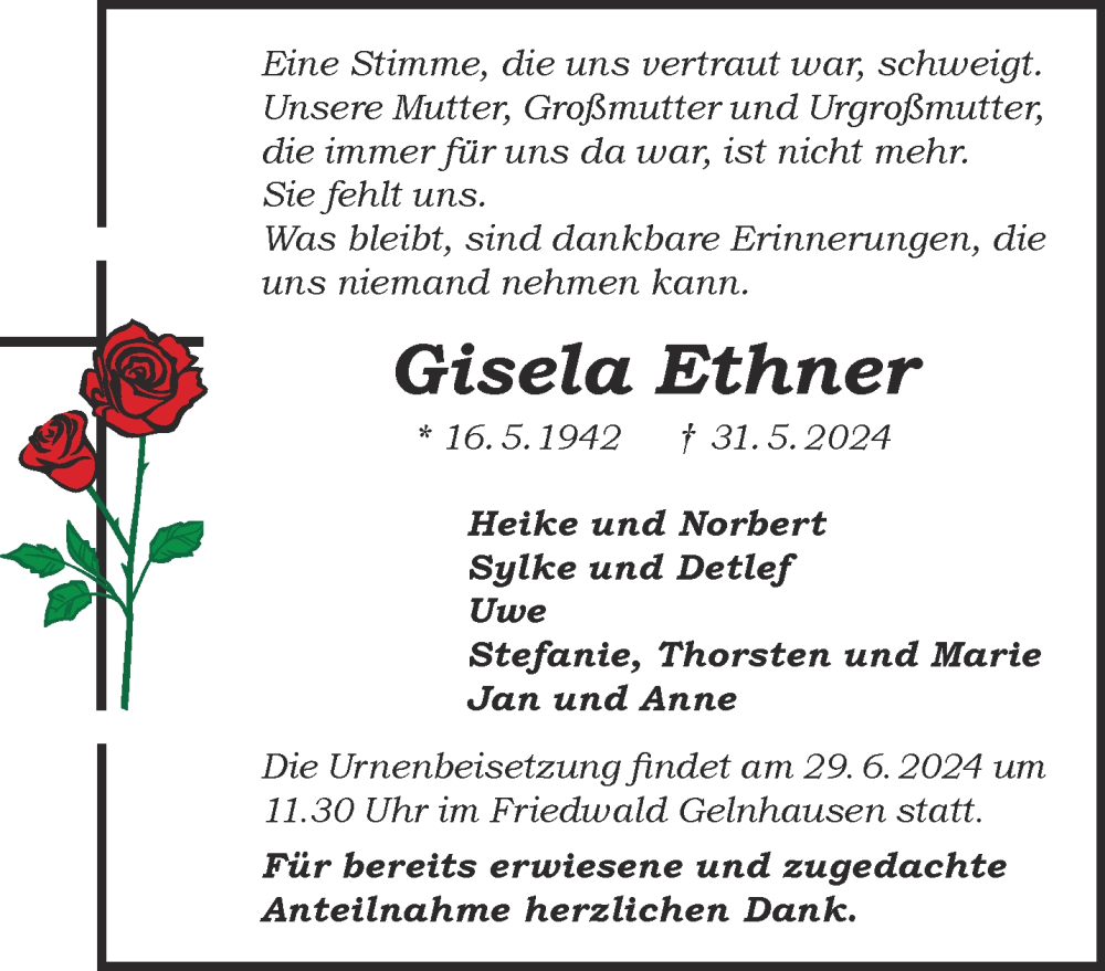  Traueranzeige für Gisela Ethner vom 15.06.2024 aus Gelnhäuser Neue Zeitung