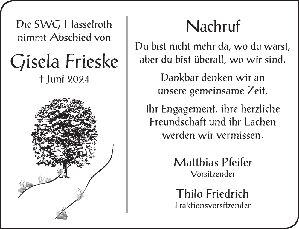  Traueranzeige für Gisela Frieske vom 22.06.2024 aus Gelnhäuser Neue Zeitung