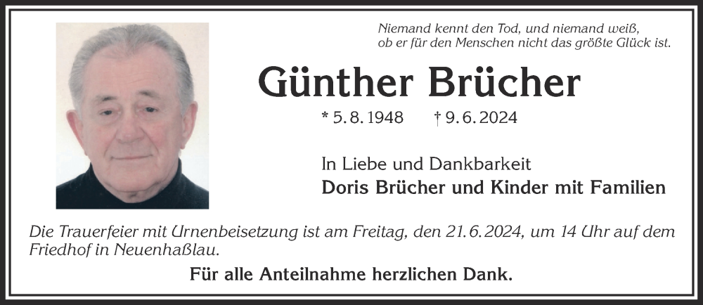  Traueranzeige für Günther Brücher vom 15.06.2024 aus Gelnhäuser Neue Zeitung